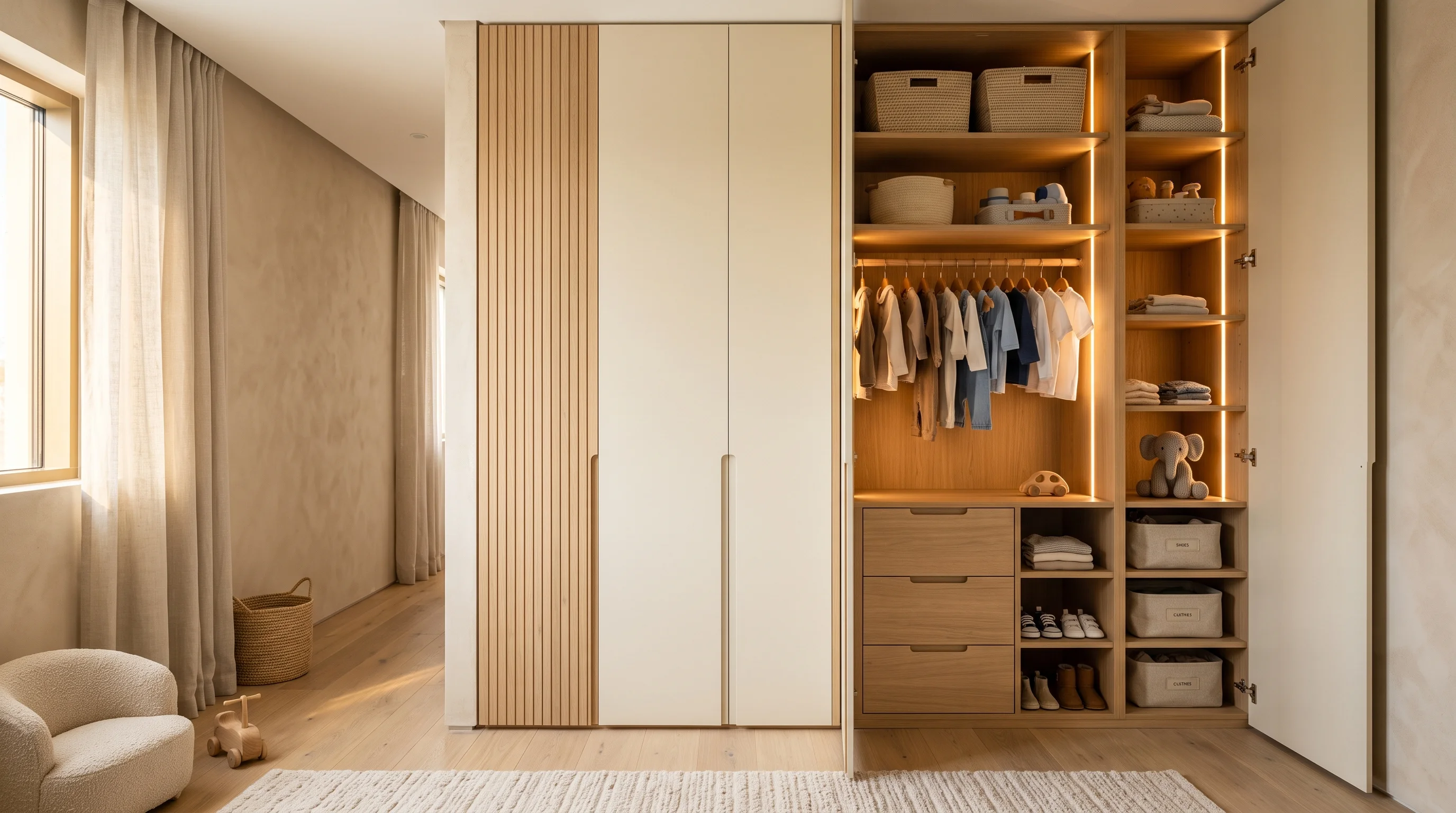 Fluted oak sibling wardrobe with dedicated color-coded storage bins in Lusail